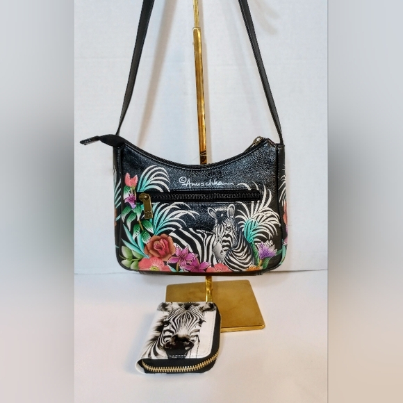 Anuschka Handbags - SOLD Anuschka Playful Zebras hand painted leather crossbody & wallet set NWOT